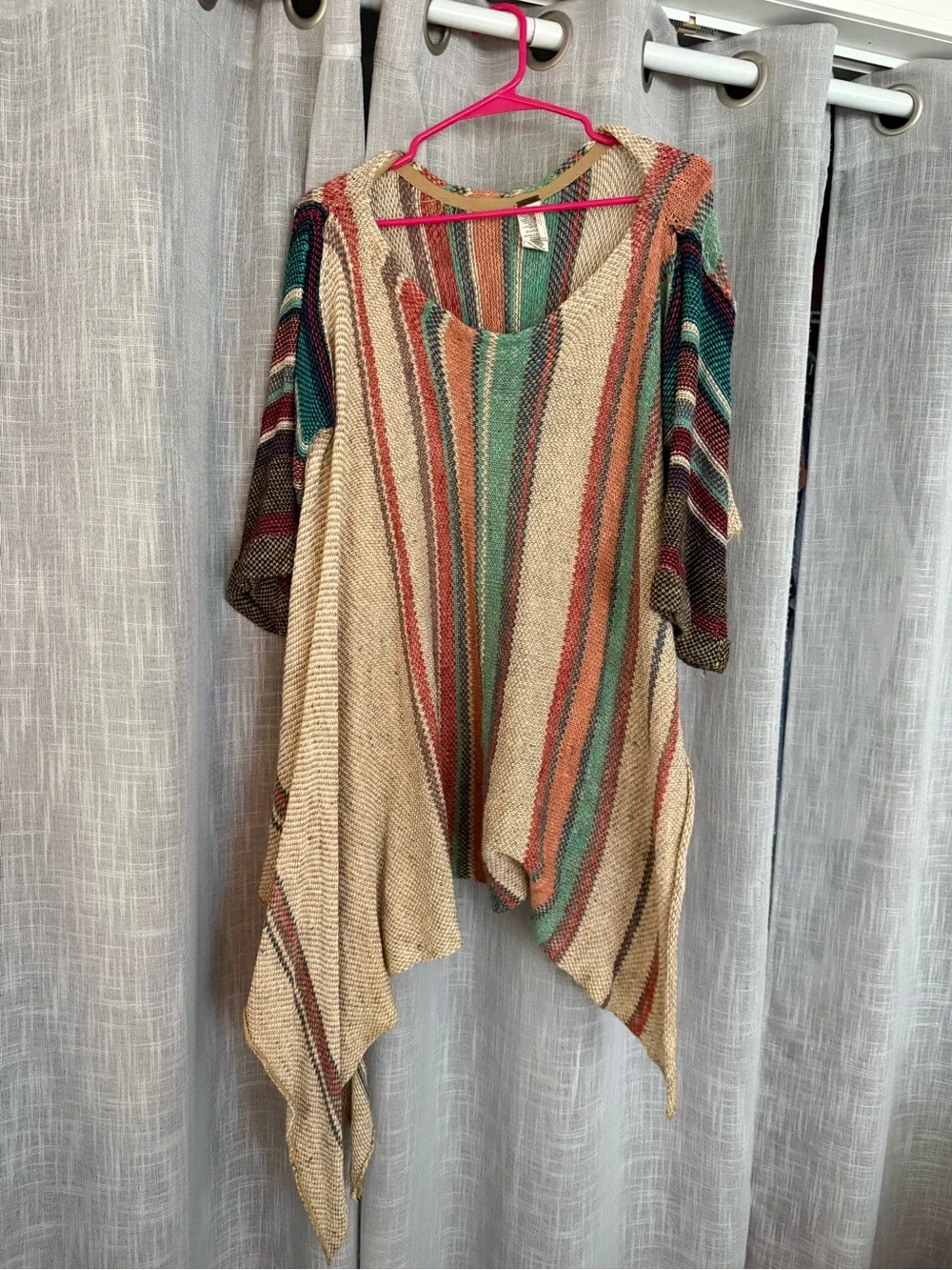 Striped Open-Front Poncho Sweater in Cream with Teal & Rust Accents
